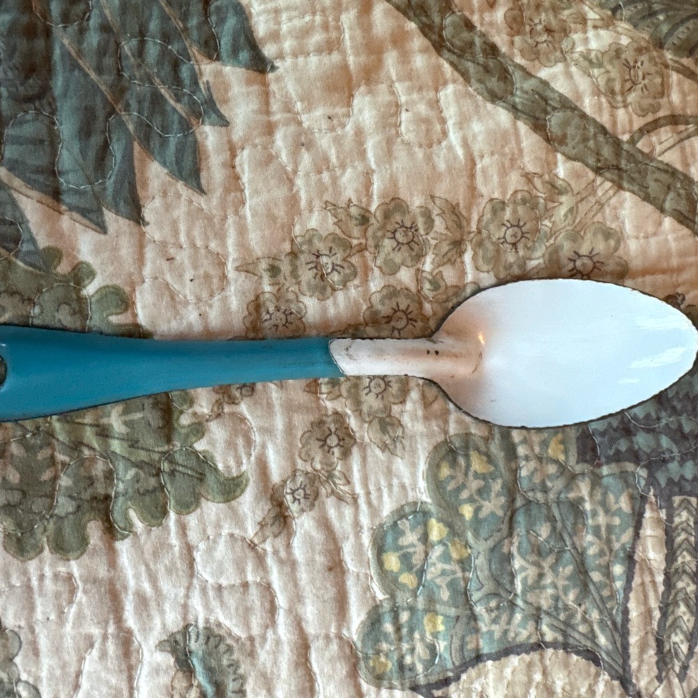 Authentic Vintage Teal & White Enamel Serving Spoon Enamelware